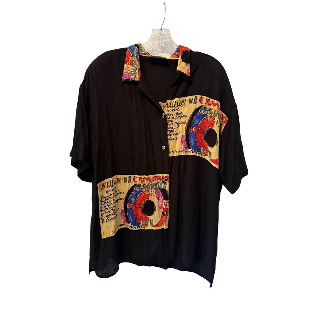 Vintage Abstract Artwear Blouse & Skirt Set Black Rayon Museum Style USA